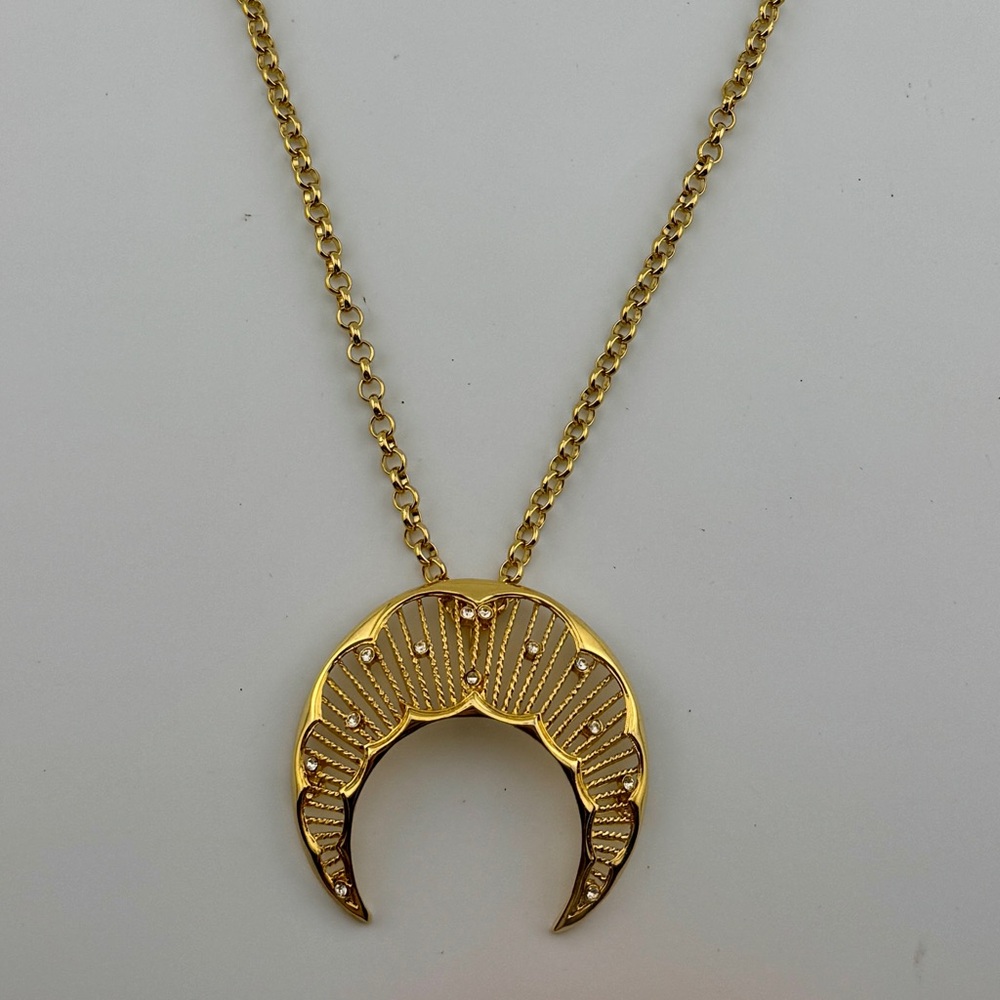Sparkling Gold Tone Crescent Moon Pendant Necklace | Celestial | Statement - Picture 4 of 11